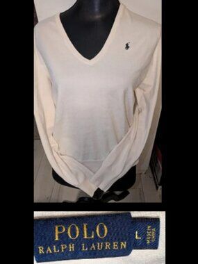 Vintage Polo Ralph Lauren Vneck Ivory Sweater Misses Jrs Sz L